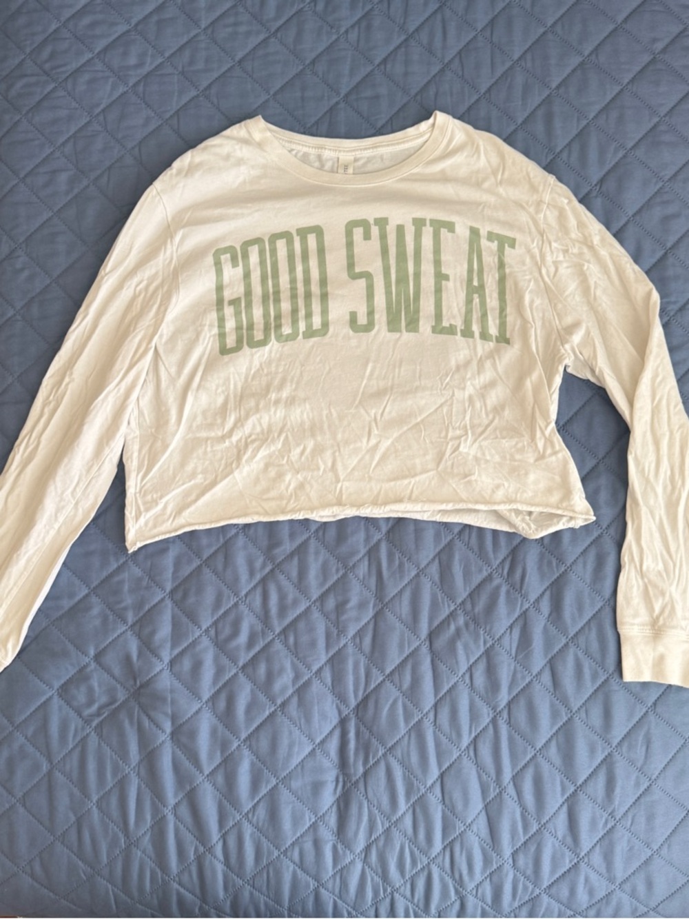 Cropped White 'GOOD SWEAT' Long Sleeve Tee - Mint Lettering